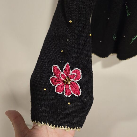 Christmas Sweater Cardigan Large Women Vintage 90s Embroidered Beaded Poinsettia - Picture 3 of 7